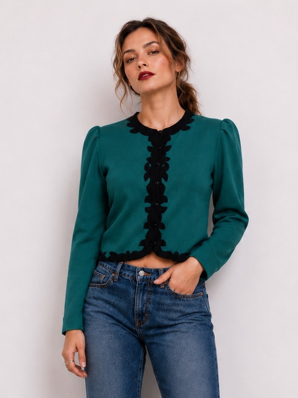 Vintage emerald green and black detail puff sleeve crop jacket top. MP